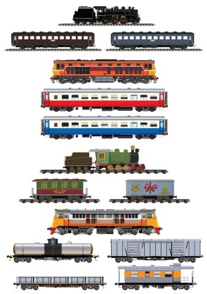 Vector Set of Various Vintage and Modern Train Engines and Cars Free Vector
