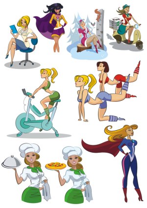 Set of Cartoon Women Characters in Various Activities Free Vector