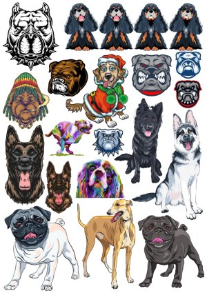 Collection of Diverse Dog Breed Vector Illustrations and Stylized Dog Heads Free Vector