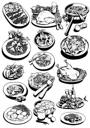 Black and White Illustrations of Various Food Dishes Free Vector