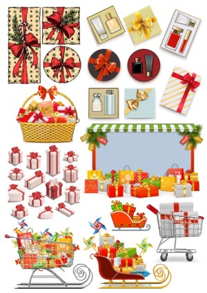 Christmas Holiday Gift Boxes, Shopping Carts, Sleighs and Gift Tags Vector Set Free Vector