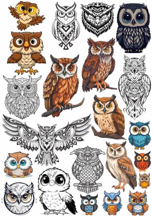 Set of Diverse Illustrated Owl Vectors with Varied Styles and Colors Free Vector