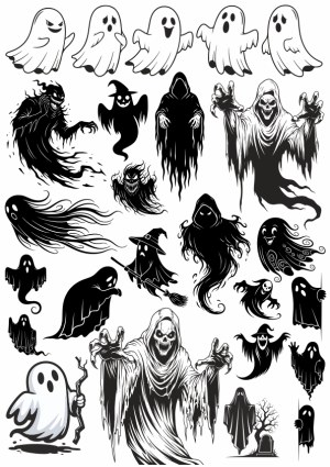Collection of Halloween Ghost and Grim Reaper Vector Illustrations Free Vector