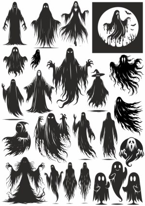 Collection of Black Halloween Ghost and Spirit Silhouettes Free Vector
