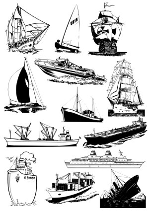 Black and White Vector Illustrations of Various Sailing Ships and Vessels Free Vector