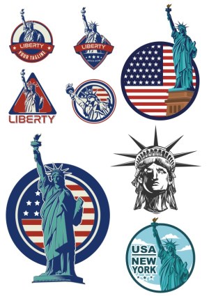 Statue of Liberty Themed Vector Badge Collection with USA Flag Free Vector
