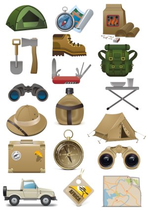 Camping and Safari Adventure Equipment Vector Set Free Vector