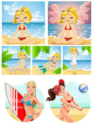 Vector Illustrations of Women Enjoying Beach Activities Free Vector