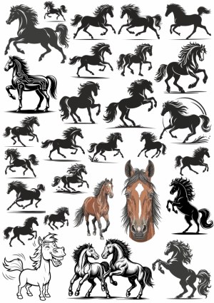 Collection of Silhouette and Detailed Horse Vector Illustrations Free Vector