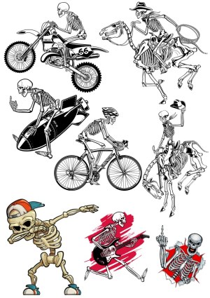 Skeletons in Action: Vector Illustrations of Skeletons Riding Motorbike, Horse, Bicycle, and More Free Vector