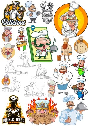 Collection of Chef and Cook Cartoon Characters and Cooking Scenes Free Vector