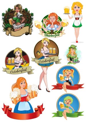Set of Oktoberfest Beer Maidens with Beer Mugs and Banners Free Vector