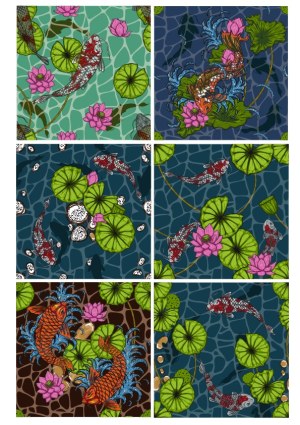 Koi Fish and Lotus Pond Vector Pattern Collection Free Vector