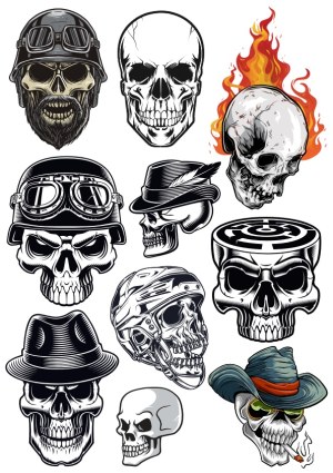 Collection of Detailed Skull Vector Illustrations with Various Hats and Themes Free Vector