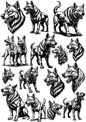 Fierce Black and White Dog and Wolf Illustrations Free Vector