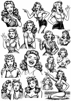 Vintage Black and White Pin-Up Women Expressions and Poses Vector Set Free Vector
