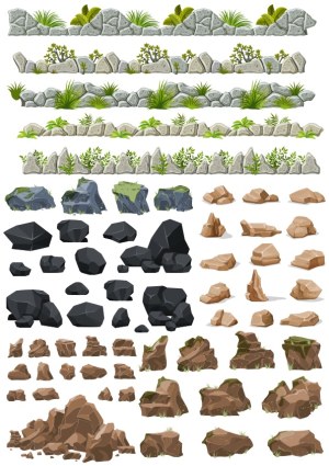 Set of Various Rock and Stone Elements with Grass and Plants Free Vector
