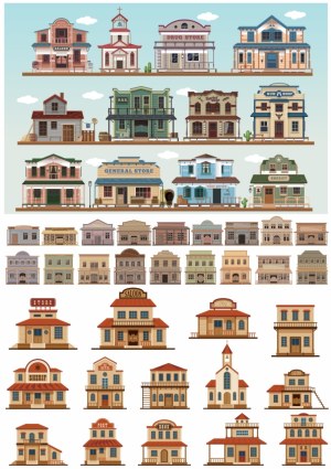 Western Old Town Buildings Vector Set Free Vector