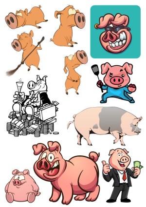 Collection of Cartoon Pig Characters in Various Poses and Styles Free Vector