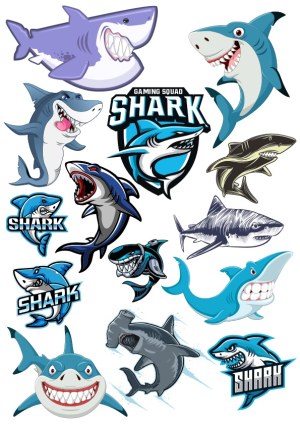 Set of Cartoon and Aggressive Shark Vector Illustrations and Gaming Logos Free Vector