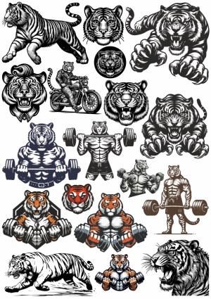 Tiger Illustrations and Muscular Tiger Characters Lifting Weights Free Vector