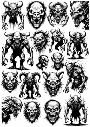 Black and White Horror Demon and Monster Vector Collection Free Vector