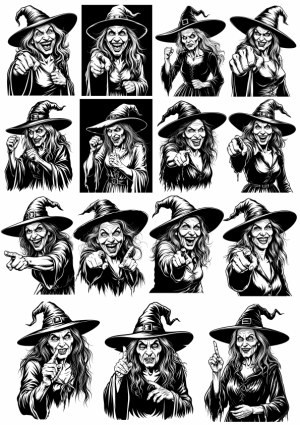 Set of Black and White Witch Illustrations Pointing and Gesturing Free Vector