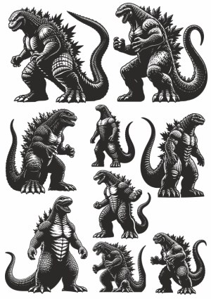 Black and White Godzilla Monster Vector Silhouettes Free Vector