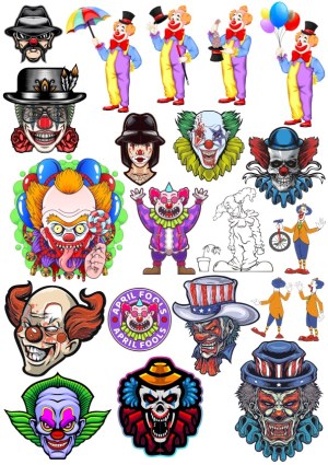 Collection of Colorful and Scary Clown Vector Illustrations Free Vector