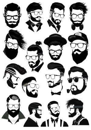 Set of 16 Black and White Hipster Male Avatars with Glasses and Beards Free Vector