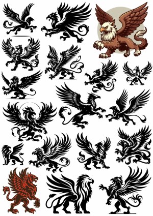 Collection of Heraldic Griffin Silhouettes and Colored Illustrations Free Vector