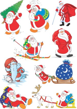 Collection of Cartoon Santa Claus Illustrations with Christmas Elements Free Vector