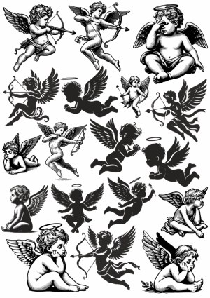 Collection of Vintage Cupid and Cherub Silhouettes and Engraved Figures Free Vector