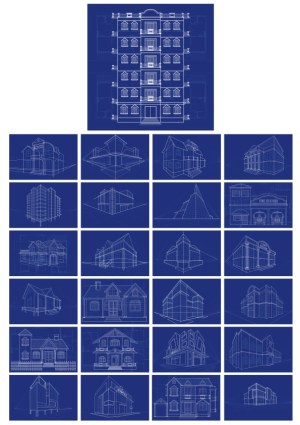 Blueprint Style Architectural Building Designs Collection Free Vector