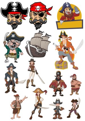 Collection of Pirate Characters and Pirate Ship Vector Illustrations Free Vector