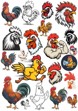 Collection of Colorful Rooster and Chicken Cartoon and Mascot Illustrations Free Vector