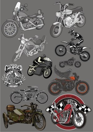 Collection of Various Motorcycle Vector Designs and Rider Illustrations Free Vector