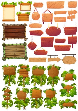 Cartoon Wooden and Bamboo Signboards with Green Leaves Vector Set Free Vector