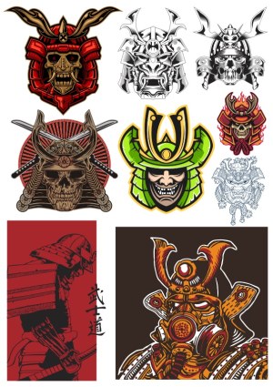 Samurai Helmet and Mask Vector Illustrations with Skulls and Traditional Armor Free Vector