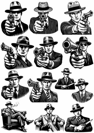 Vintage Gangster Men with Guns and Classic Suits Vector Set Free Vector