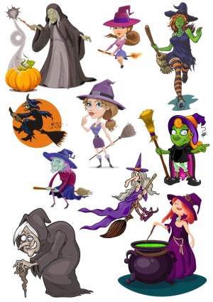 Collection of Cartoon Witch Characters and Halloween Elements Free Vector