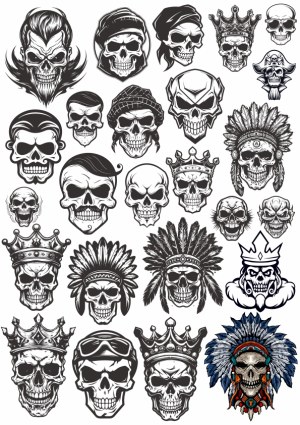 Collection of Detailed Black and White Skull Head Illustrations with Various Hats and Crowns Free Vector