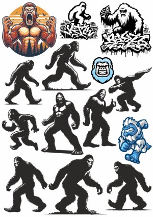 Bigfoot and Yeti Cartoon Silhouettes and Graffiti Art Collection Free Vector