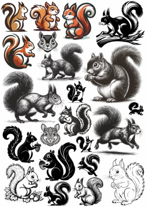 Variety of Squirrel Vector Illustrations and Silhouettes Free Vector