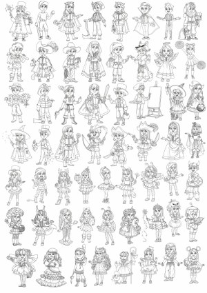 Black and White Line Art of Various Children in Fancy Dress Costumes Free Vector