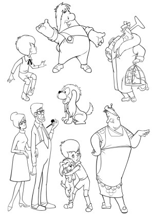 Black and White Cartoon Characters and Dog Vector Set Free Vector