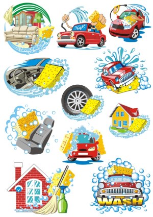 Home and Car Cleaning Vector Illustrations with Sponges and Soap Bubbles Free Vector