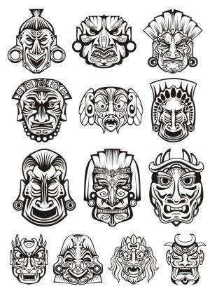 Set of 12 Tribal and Mythical Mask Vector Illustrations Free Vector
