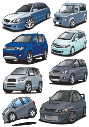 Set of Eight Cartoon SUV and Compact Car Vectors Free Vector