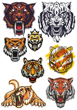 Set of Fierce Tiger Heads and Roaring Tiger Vector Illustrations Free Vector
